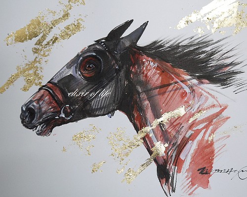 A Race Horse（水彩画用紙、３４，５ｃｍ×２４，７ｃｍ、墨絵,墨、水彩