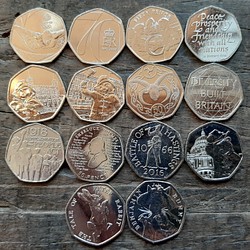 エリザベス女王 イギリス 英国本物50ペンスコイン 14個 2016年~2022年 1枚目の画像