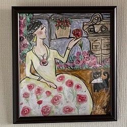 絵画 。壁掛け絵【神聖なヨーロッパの荘園でバラの花を楽しむ少女と