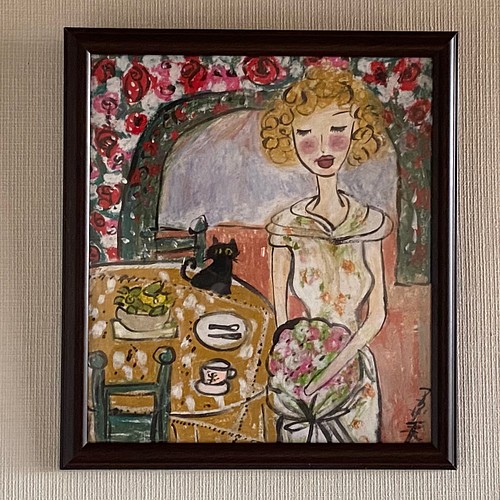 絵画 壁掛け絵【Afternoon tea:蔷薇荘園で花を受け取った美しい少女】-