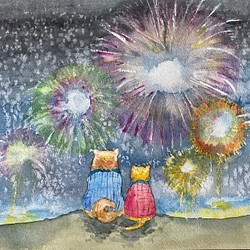 雪と花火と犬と猫〜A4透明水彩原画〜 1枚目の画像