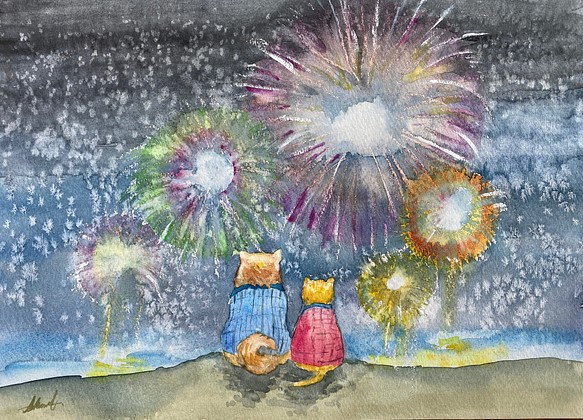 雪と花火と犬と猫〜A4透明水彩原画〜 1枚目の画像
