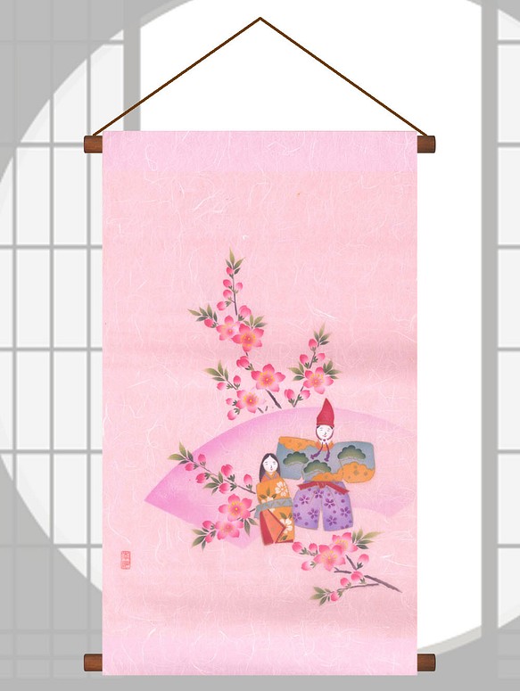 お雛様飾りに　可愛い桃とお雛様　手染め京友禅和紙タペストリー 1枚目の画像