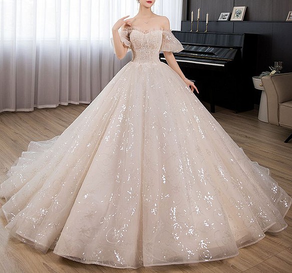 フランス風 ウエディングドレス ホワイト 大きなリボン オフショルダーフォーマル/ドレス