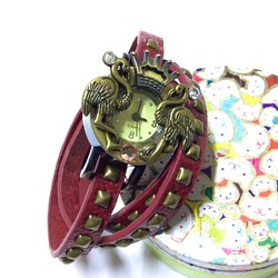 一点物☆ スチームパンク 『王冠とフラミンゴ』二重ブレスレット腕時計 1枚目の画像