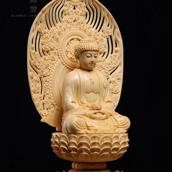 木彫り 仏像 阿弥陀如来座像 阿弥陀仏 彫刻 一刀彫 天然木檜材 - 彫刻