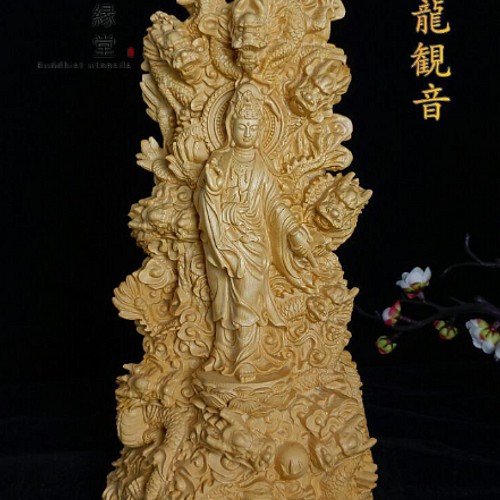 最高級 木彫り 仏像 九龍観音菩薩立像 彫刻 仏教工芸品 柘植材 F 彫刻