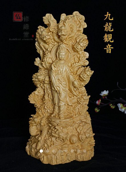 最高級 木彫り 仏像 九龍観音菩薩立像 彫刻 仏教工芸品 柘植材 F