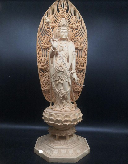 彫刻仏像 4点セット 持珠観音 観音像 観音菩薩 蓮華丸台座 仏教供養仏 木彫