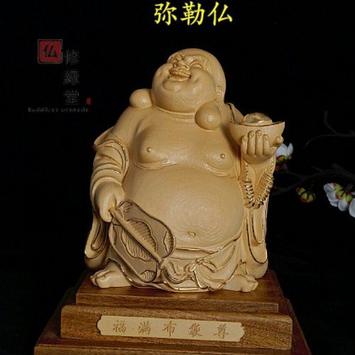 極上品 木彫仏像 七福神 布袋様 彫刻 本金 切金 天然木檜材 F 彫刻 木