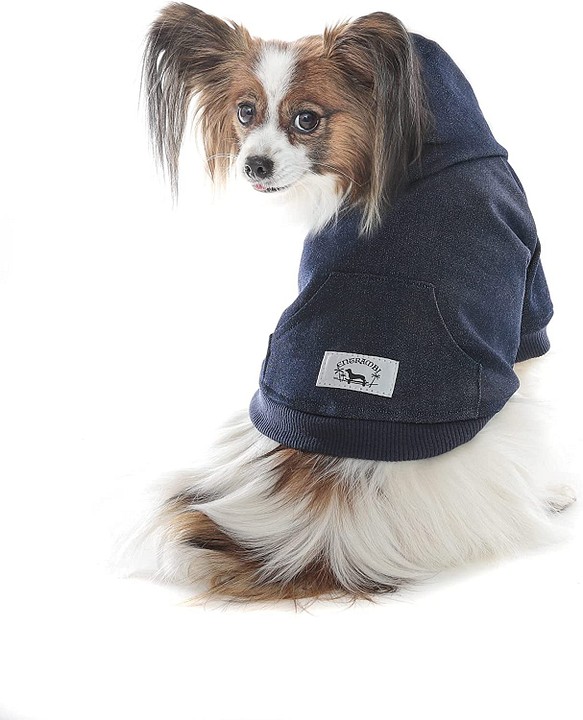 ENTRAMBI 岡山デニム 犬服 パーカー リジット デニム 日本製 小型犬 インディゴプレーン 1枚目の画像