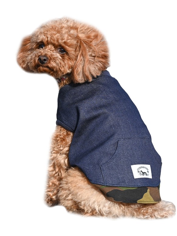 ENTRAMBI 岡山デニム 犬服 ノースリーブ カモフラ タンクトップ 日本製 小型犬 インディゴ×カモフラ 1枚目の画像