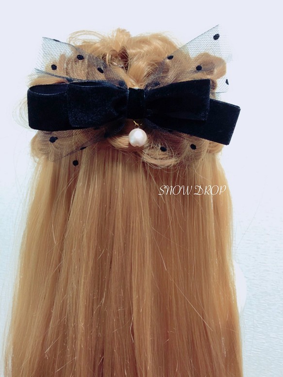 ベロア素材コットンパール髪飾り♡ポニーフック 1枚目の画像