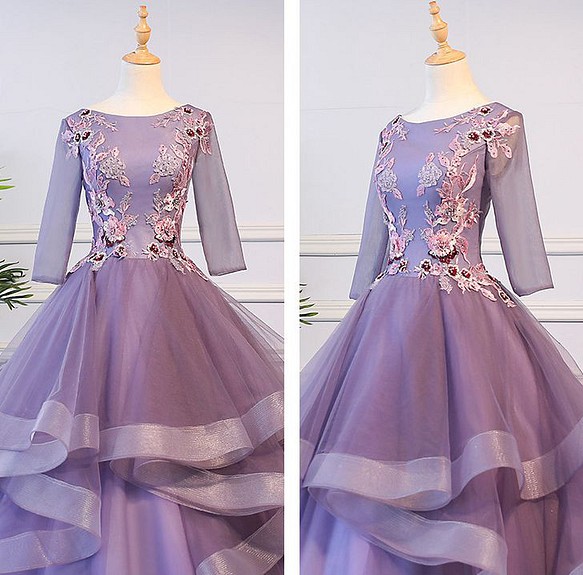 紫青 姫袖 長袖 プリンセスライン フレフレアスカート ビスチェドレス