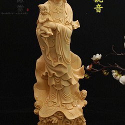 木彫り 仏像 送子観音菩薩立像 彫刻 仏教工芸品 天然木檜材 C