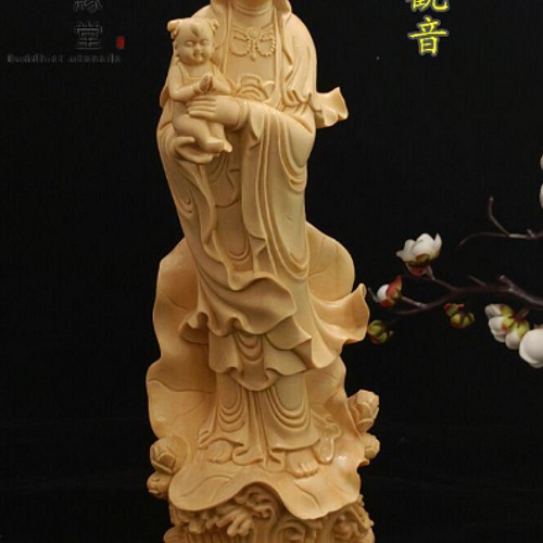 木彫り 仏像 送子観音菩薩立像 彫刻 仏教工芸品 天然木檜材 C 彫刻 木