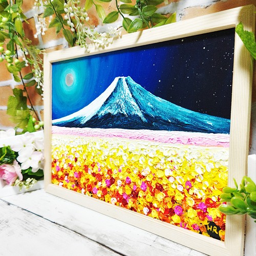 油絵 絵画 【満月のお花畑と富士山 】 絵画 ＨＲ 通販｜Creema(クリーマ)