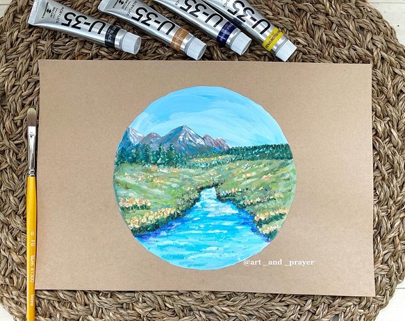 ORIGINAL PAINTING - river of blessings, 山の景色, 原画, オリジナルアート 1枚目の画像
