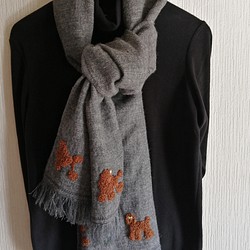 ブラウン系プードル刺繍の秋冬用ストール・リネンウール 1枚目の画像