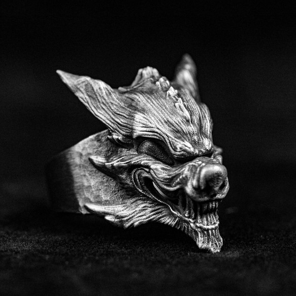 925スターリングシルバーシニスターウルフリング、マスクの銀製リング、オオカミの指輪、幽霊の顔リング 1枚目の画像