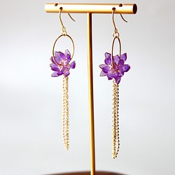 蓮の花 ピアス 紫 透明 手作り 銅線 樹脂 ピアス イヤークリップ 1枚目の画像