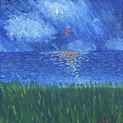 絵画「海と夕日」アクリル画.原画 1枚目の画像