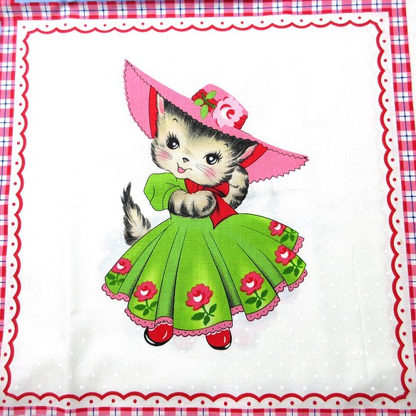 ★海外生地　ねこ　花　ネコ　パネル レア　子供　ハンドメイド　猫　帽子　グリーンドレス 1枚目の画像