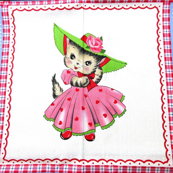 ★海外生地　ねこ　花　ネコ　パネル　レア柄　子供　ハンドメイド　猫　帽子　ピンクドレス 1枚目の画像