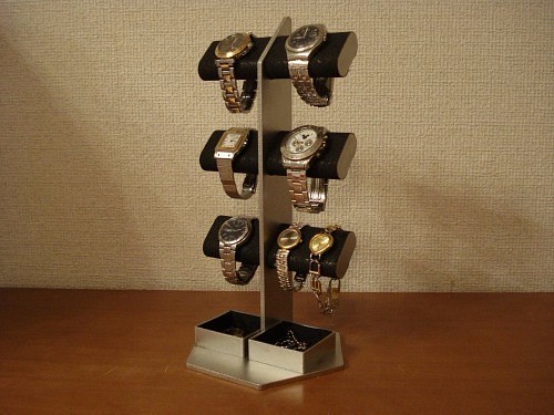腕時計スタンド　ウオッチスタンド　時計スタンド　ブラック6本掛けダブル角トレイ腕時計スタンドタワー 1枚目の画像