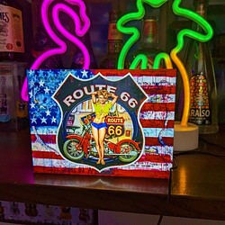 ルート66 アメリカン バイク 星条旗 標識 テーブル カウンター ミニチュア 看板 置物 雑貨 LED ライトBOX 1枚目の画像