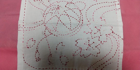 新作＊＊＊さしこ　刺し子　花布巾・てまりと桜、オリンパスデザイン(白、ピンク、紅色） 1枚目の画像