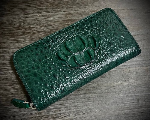 クロコダイル ワイルド 長財布 背部 一枚革 本物証明付 グリーン 緑