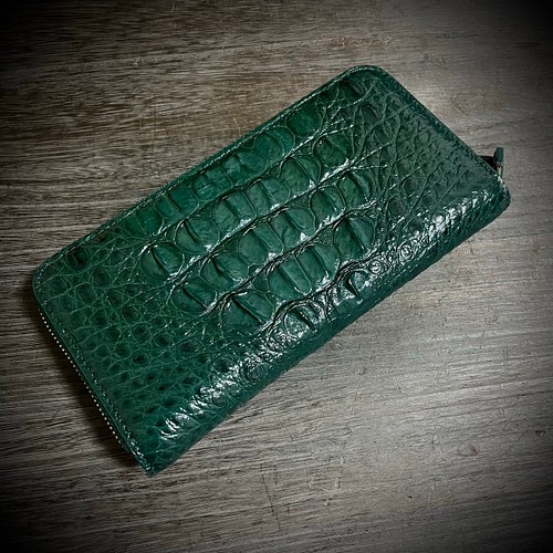クロコダイル ワイルド 長財布 背部 一枚革 本物証明付 グリーン 緑 本 