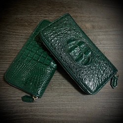 クロコダイル ワイルド 長財布 背部 一枚革 本物証明付 グリーン 緑 本革 ワニ革 コブ付き