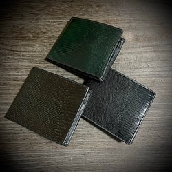 リザード メンズ財布 折財布 二つ折り シャイニング加工 本革 ブラック 