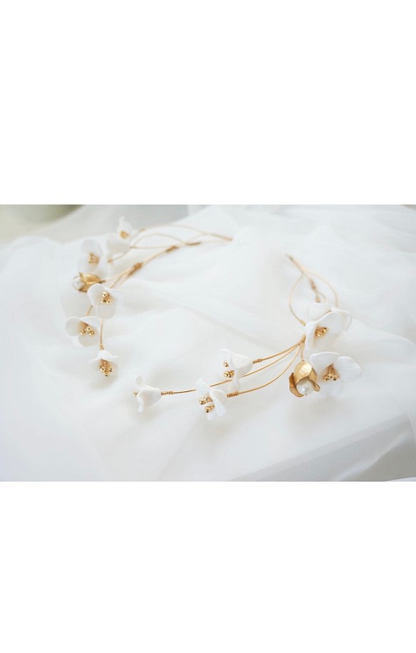 blooming headdress（gold × white） ヘッドドレス（ウェディング