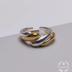 シルバーとゴールド　コンビ　変形　ウェーブ　クロス　指輪　リングセット 1枚目の画像