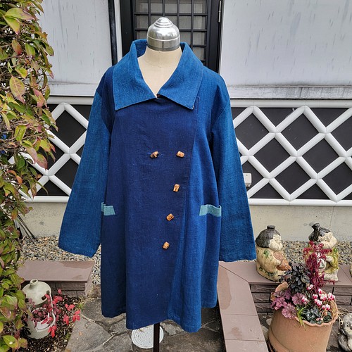 着物リメイク 古布 手作り やや地厚 藍の濃淡にのぼり旗 コート-