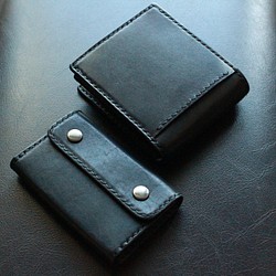 【オーダー品】黒ヌメ革のハーフウォレットとカード入れセット　二つ折り財布　カードケース 1枚目の画像