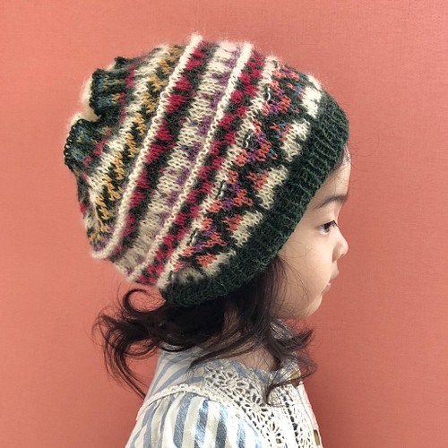 手編みニット帽【北欧柄の編み込み帽/オリーブグリーン】 C102＊ウール 