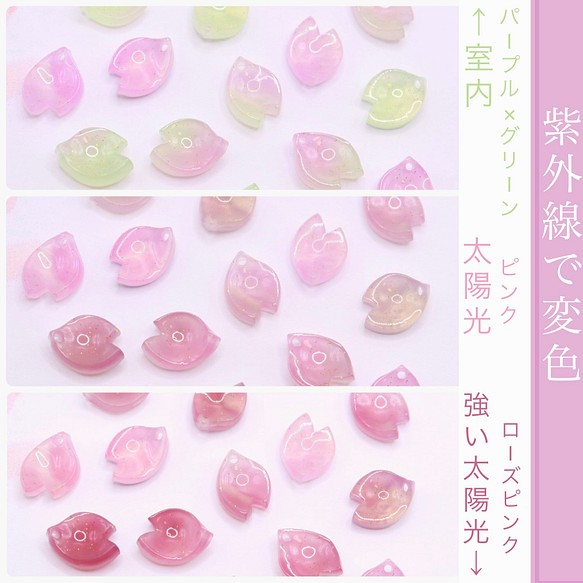 オリジナル変色素材★桜の花びらパーツ　アセテート　パープル×グリーン→ローズピンク 1枚目の画像
