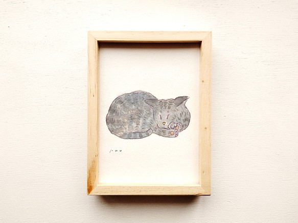 原画「眠る猫」水彩　イラスト ※木製額縁入り 1枚目の画像