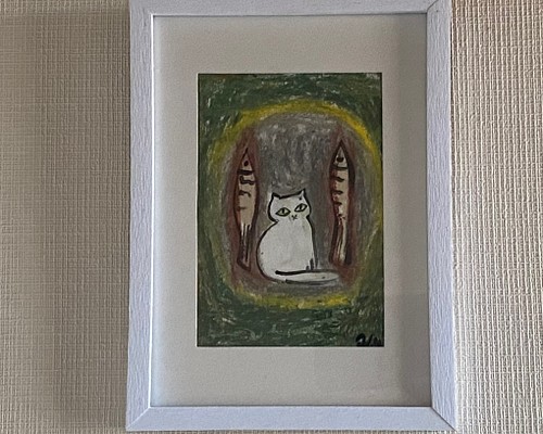絵画。原画【二匹の魚が白猫の異想世界の扉を開いた】 絵画 アカザ