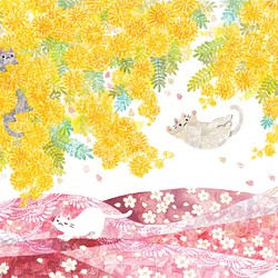 絵画「ミモザと桜とネコたち」 1枚目の画像