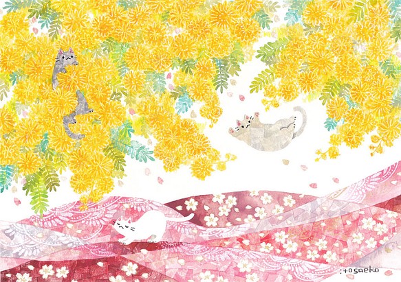 絵画「ミモザと桜とネコたち」 1枚目の画像