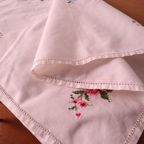 アンティーク英国手織リネン クロスステッチ薔薇花籠刺繍ニードル
