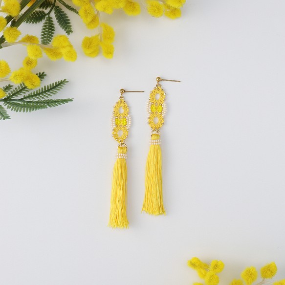 梭織花邊和珠子耳環 Seed Mimosa yellow-01 *可換成耳環 第1張的照片