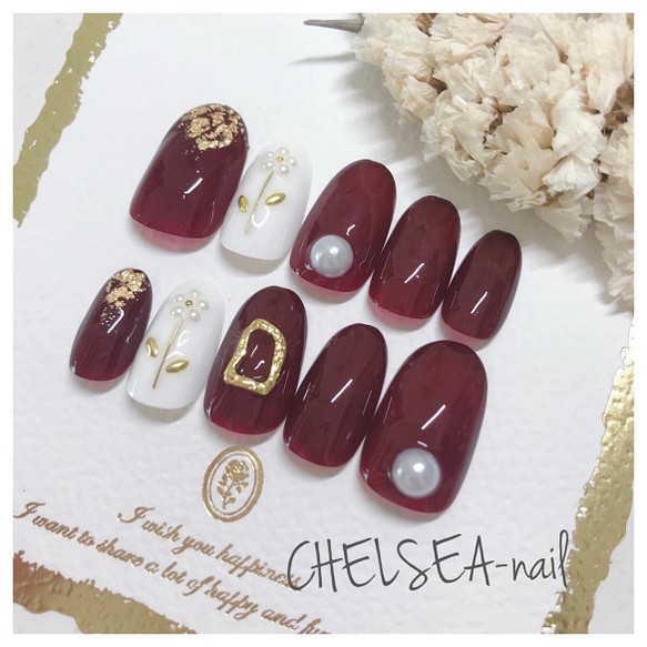 ボルドー パールお花ネイル ネイルチップ ネイルシール Chelsea Nail 通販 Creema クリーマ ハンドメイド 手作り クラフト作品の販売サイト