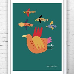 たのしく飛ぶ鳥たち　イラスト　ポスター  A4　アートポスター　全作オリジナル　アートsei（新着順）で検索　1136 1枚目の画像