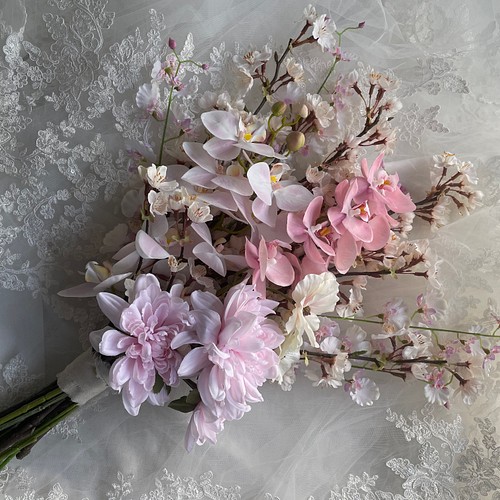 ピッコラパーチェ桜と胡蝶蘭の和装ブーケ＆ブートニア(ヘッドドレス追加可能)